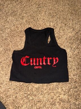 Black Crop Tank Top with Red "Country Girl" Graphic